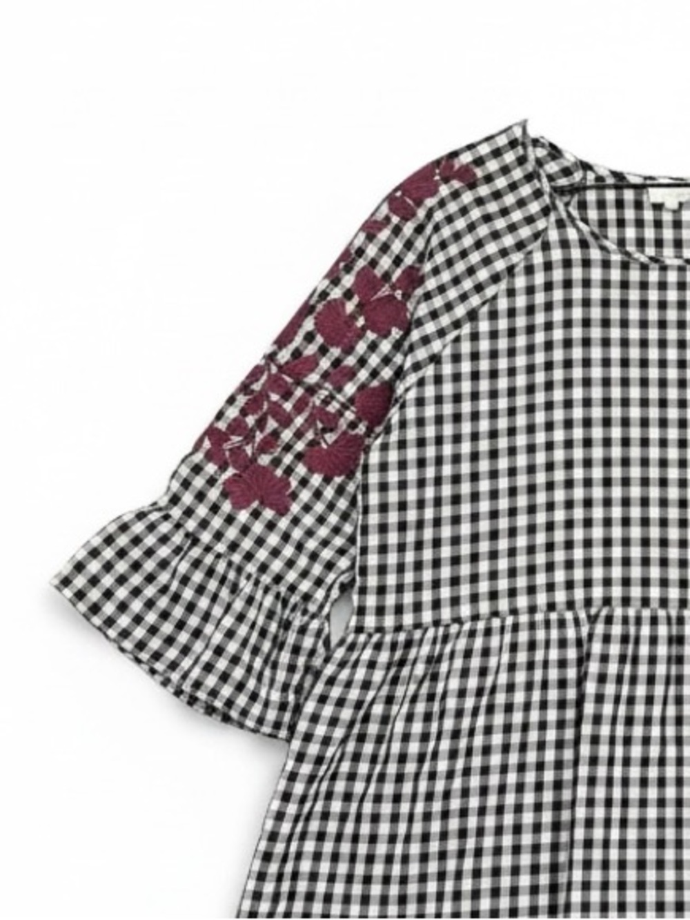 Layerz Embroidered Top Pink Black Gingham Peasant Ruffled Size XL - Picture 5 of 9